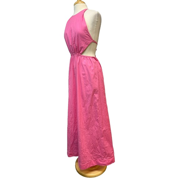 Straud Apfel Long Halter Dress Pink Cotton Open Back w/ Ties Full Skirt SZ  L - Picture 5 of 16